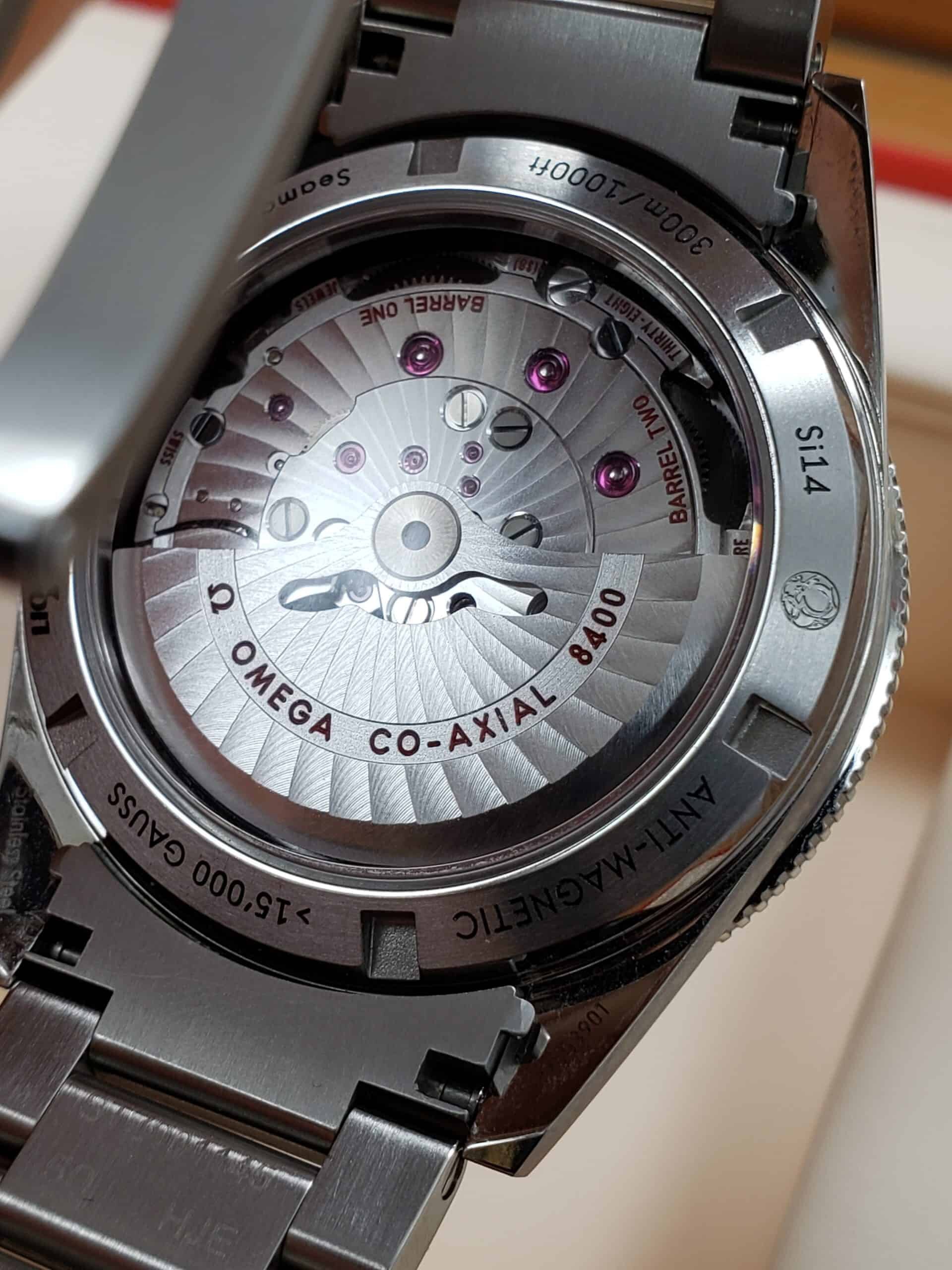 Omega Seamaster 300 exhibition case back showing the Co-Axial 8400 movement