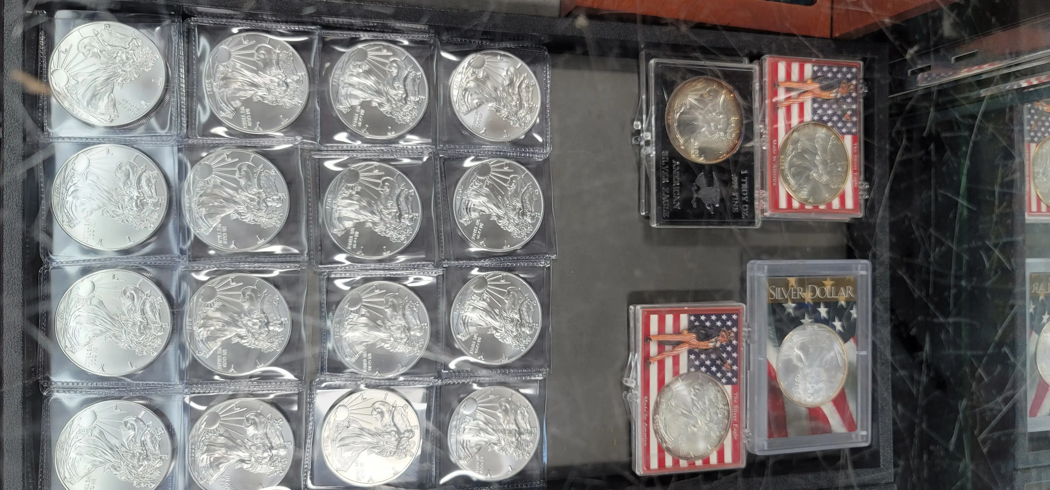 American Silver Eagles in the case at Apex Gold Silver Coin in Winston-Salem